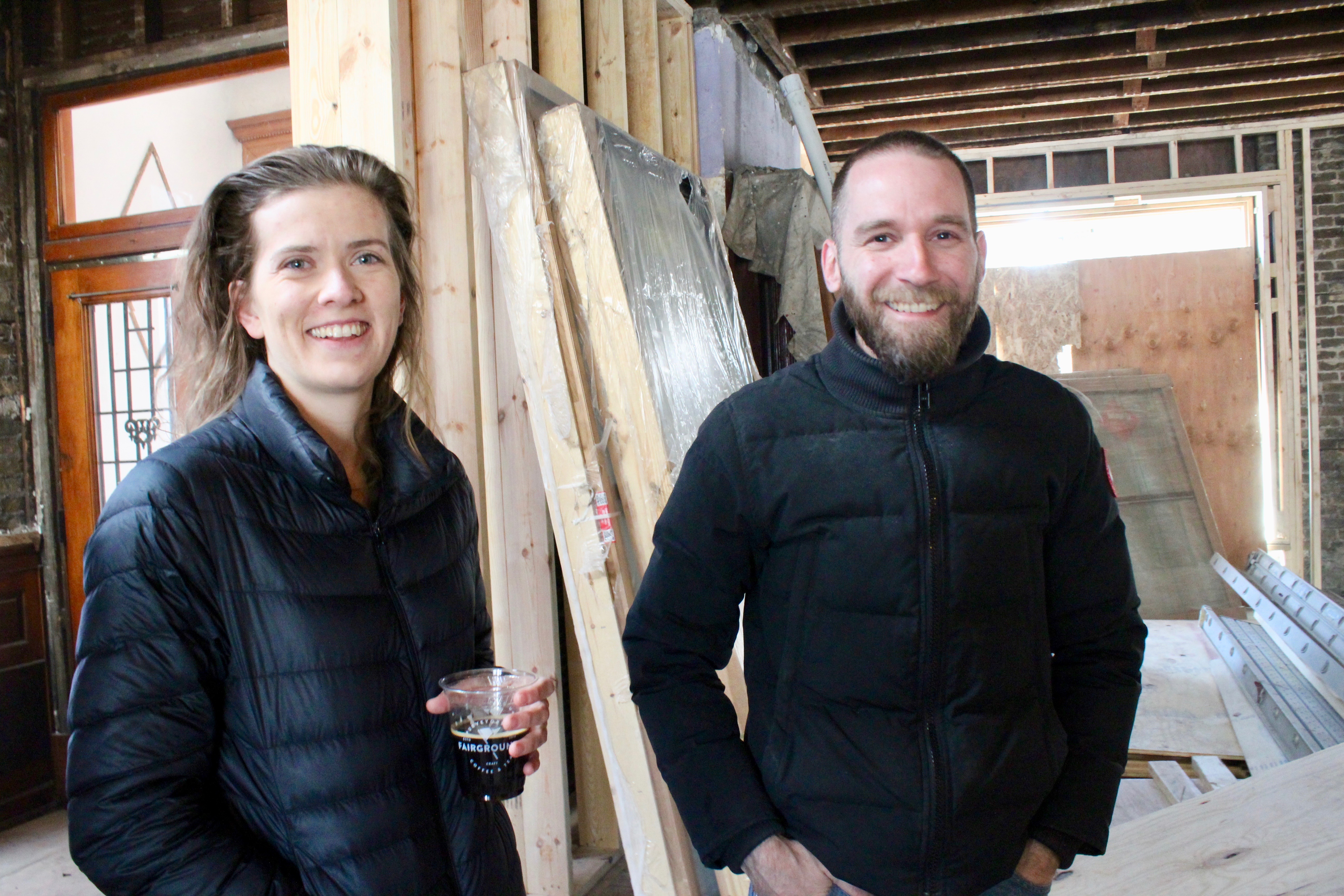 Jessie LaFree and Mike Shively on site at the 2024 W. Pierce Ave. home renovation. [Block Club Chicago/Alisa Hauser]