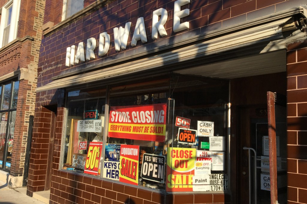 Cas Hardware, 5305 N. Clark St., has severely marked down its inventory ahead of its February closing. [Joe Ward/Block Club Chicago]