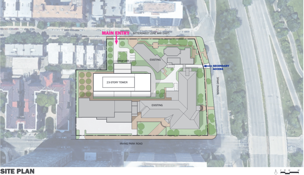 The proposed senior center would rise in the middle of the campus, with main entry off Bittersweet Place. [Courtesy 46th Ward Office]