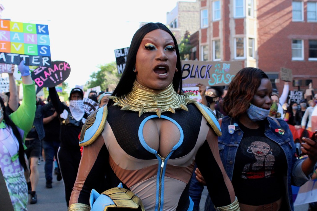 Drag queen Miss Toto marches during Sunday's Drag March for Change. | Jake Wittich/Block Club Chicago
