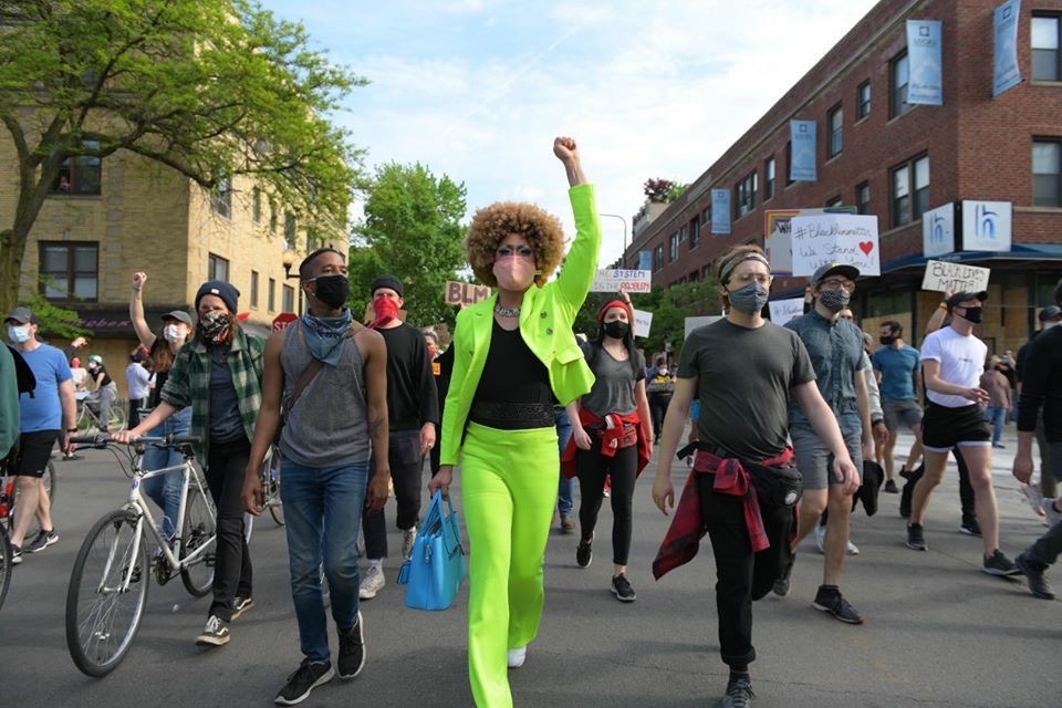 Drag queen Jo Mama, also known as Berlin's bartender Joe Lewis, marches in a June 1 Black Lives Matter protest in Boystown.