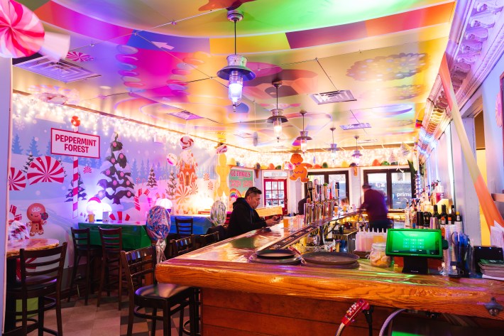 Guthries Tavern's ceiling is covered with foam boards representing the Candy Land game board.