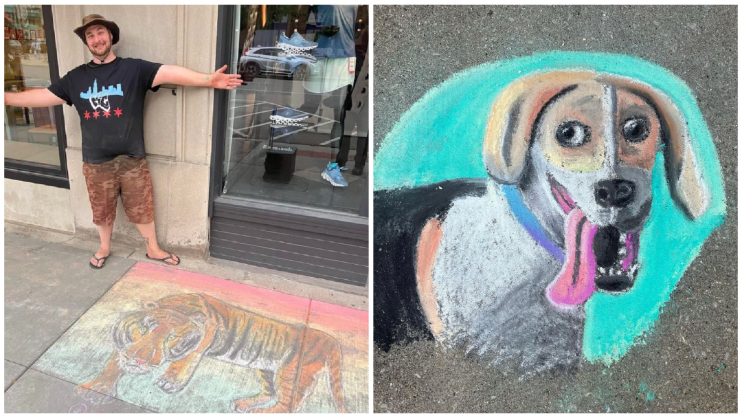 城市中的市区艺术家在整个城市的人行道上留下了丰富多彩的粉笔创作